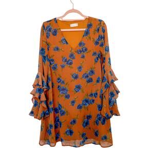 Altar'd State Floral Print Ruffle Bell Sleeve Mini‎ Dress Rust Orange Size Small